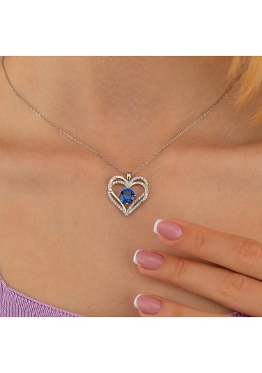Gümüş Pazarım Safir Taşlı Kalp Gümüş Kolye