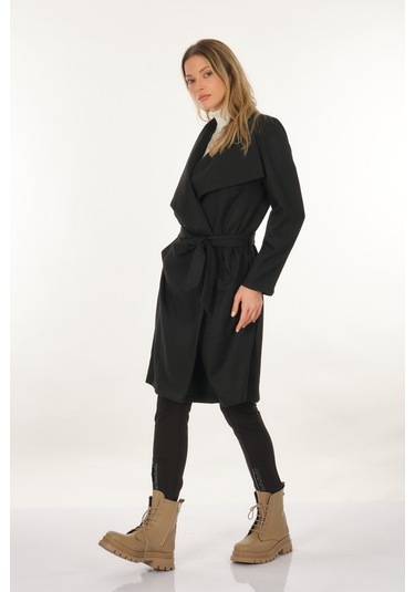 Tdee Concept Kruvaze Yaka Bağlama Detaylı Siyah Kadın Kaban 22295004 001