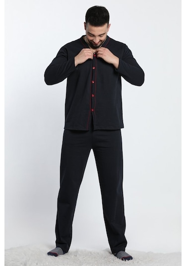 Lukitus Uzun Kollu Önden Düğmeli Erkek Pijama Takımı Lacivert Siyah