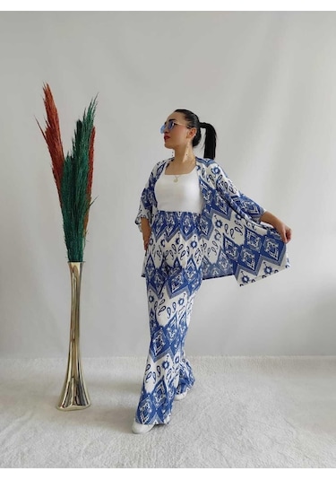 Moda Desenli Ikili Kimono Takım Rahat Kalıp Mavi