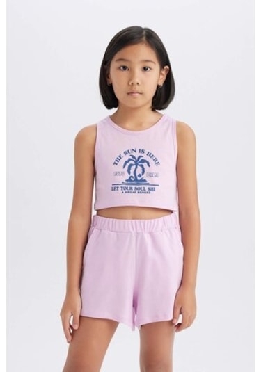 DeFacto Kız Çocuk 2'li Takım Baskılı Atlet Şort E4897A825SMPR139 Mor