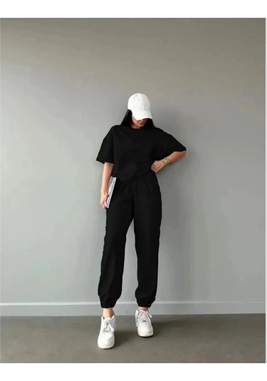 Unisex Düz T-shirt Ve Eşofman Takımı - Siyah 001