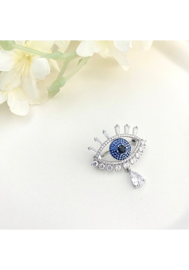 Broş Kadın Zirkon Taşlı Nazar Göz Broş Gözyaşı Yaka İğnesi Silver