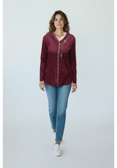Kadın Önü Kapalı Düğme Detaylı Taşlı Nergis Mevsimlik Bluz Bordo