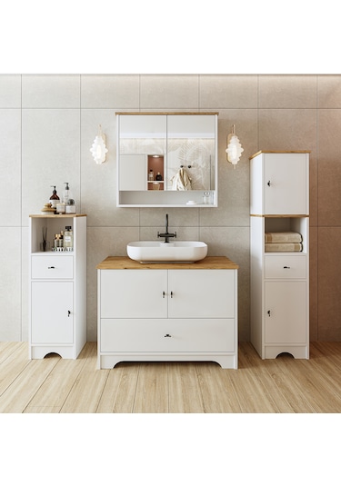 Oval Lavabolu Mdf 100 Cm Çekmeceli Banyo Dolabı Atlantik Çam - Beyaz