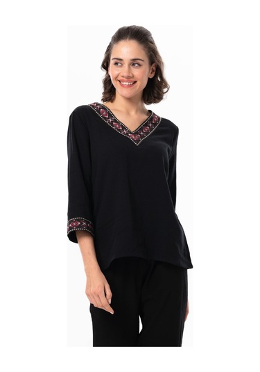 Truvakar Kol V Yaka Nakışlı Talya Şile Bezi Yazlık Bluz Siyah Syh-siyah