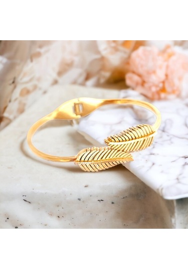 Zarif Yaprak Figürlü Gold Çelik Kelepçe Bileklik - Antialerjik Ve Kararmaz Altın