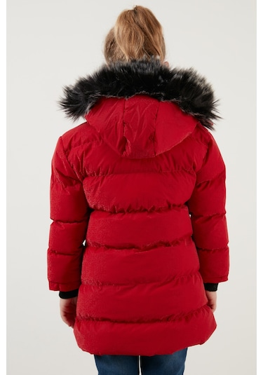 Lela Yakası Suni Kürklü Peluş Astarlı Çıkarılabilir Kapüşonlu Dar Kesim Kışlık Kız Çocuk Mont 5760002 Kırmızı