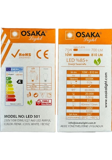 Osaka 10w 75w 6500k Beyaz Işık E27 Duylu Dim Edilebilir Led Ampul
