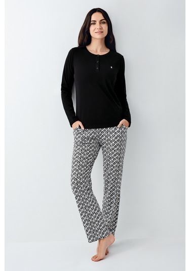Pierre Cardin 9069 Modal Uzun Kol Kadın Pijama Takımı V1 Siyah