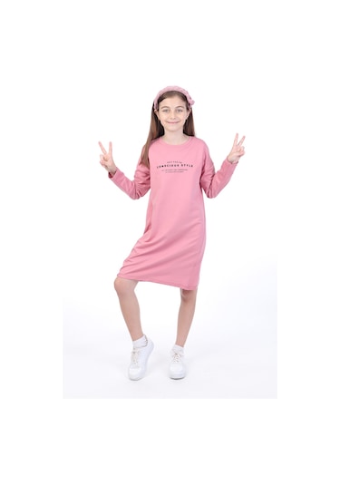 Toontoy Kız Çocuk Bisiklet Yaka Düşük Kol Yazı Baskılı Elbise Gülkurusu