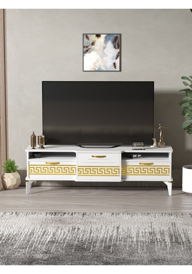 Tv Sehpası Tv Ünitesi Vera Atlantik Çam Antrasit Gold Çizgili 5050 Çok Renkli