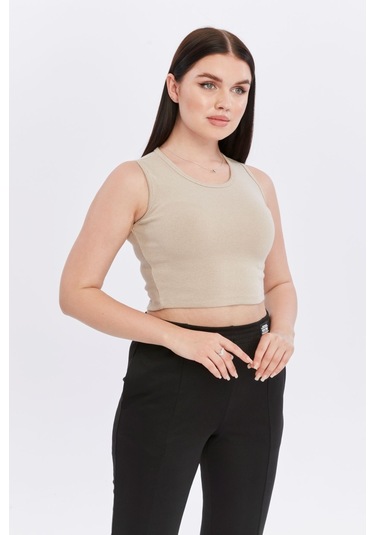 Bella Dossi Rahat Kaşkorse Kolsuz Sıfır Yaka Kadın Crop Top Ekru