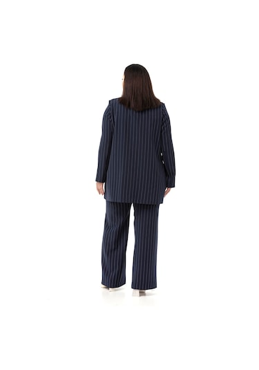 Büyük Beden Çizgili Lacivert Ceket Pantolon İkili Takım Lacivert