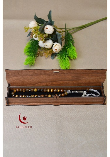 Kaplan Gözü Taşlı 33 Lü Erkek Tesbih Enerji Taşı, Ahşap Kutulu Çok Renkli