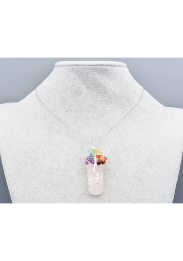 Hakiki Doğal Karışık Çakra Taşlı Pembe Kuvars Taşı Kolye Ucu Sarı