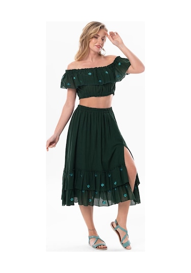 Lavinya Vual Lastik Detaylı Nakışlı Yazlık Crop Bluz Yeşil Ysl-yeşil Yeşil