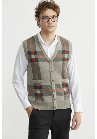 Düğmeli Yünlü Kalın Triko Yelek - Vizon Vizon