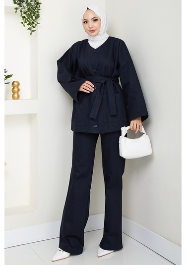 Kemerli Ceket Pantolon Gabardin Takım 1557 - Lacivert Lacivert