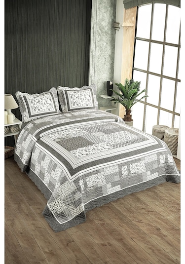 Örtüm Luna Çift Kişilik Kapitone Yatak Örtüsü Takımı - Gri Gri