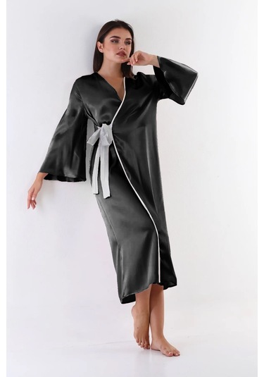 Laperissa Kadın Siyah Saten Dokuma Sabahlık Beyaz Kuşaklı Şık Ve Zarif Ev Giyim Siyah