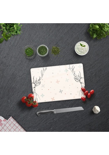 Decorita Cam Kesme Tahtası|Krem Geyikli|20cm x 30cm