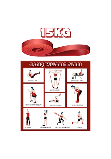 15 Kg Direnç Bandı Kas Geliştirme Lastiği Fitness Pilates Cross Training Bant Kırmızı - Orta Sert Kırmızı