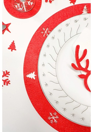 Yılbaşı Temalı Supla Seti 4 Kişilik Kırmızı Keçe, 3mm, Bardak Altlığı Ve Peçetelikli Kırmızı