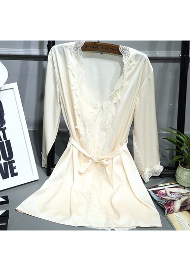 Sones 2'si 1 Arada Kadın Dantel İpek Askılı Gecelik + Hırka Gecelik Takımı Açık Gri