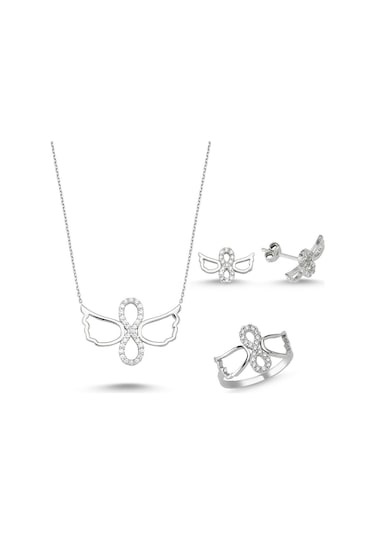 Kanatlı Sonsuzluk Taşlı Gümüş Kolye Küpe Yüzük Seti Wss06