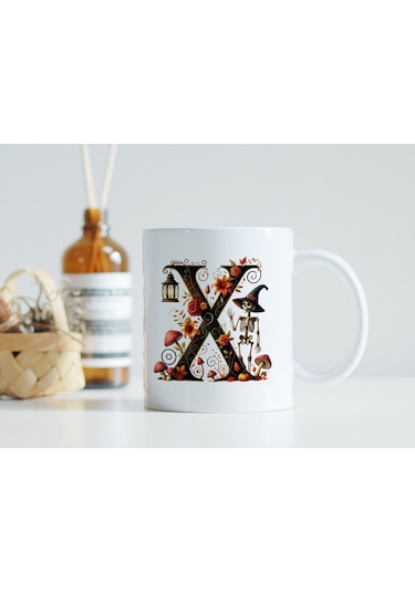 X Harfi Şapkalı İskelet Figürlü Ve Çiçekli Kupa Bardak - Cadılar Bayramı / Halloween Özel Hediye Beyaz