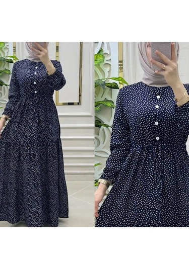 Kadın Puantiyeli Lacivert Renk Viskon Kumaş Ön Düğmeli Ayarlanabilir Kuşaklı Tesettür Elbise Lacivert