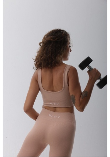 Seamless Pudra Normal Bel Fitted Basic Sporcu Tayt Takımı Pudra