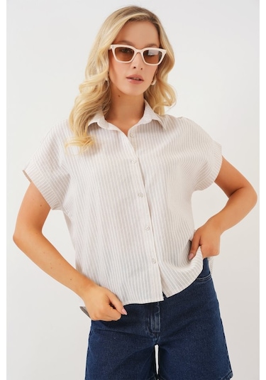 Gülsüm Aydın Çizgili Kısa Kol Gömlek 20324 - Krem Krem