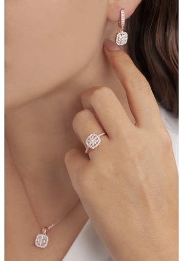 Agakulche Kare Baget Model Gümüş Set Rose S46-rb 925