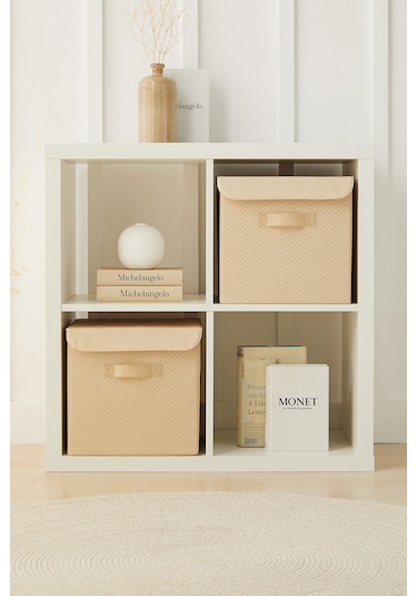 Ocean Home Textile 2'li Bej Balıksırtı Kapaklı Kutu Set 30 x 30 x 30 cm