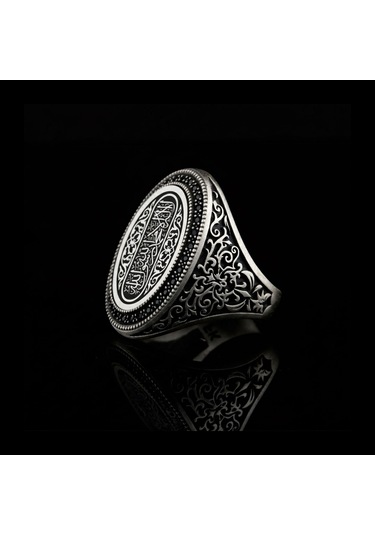 925 Ayar Kelime-i Tevhid Yazılı Taş İşlemeli Erkek Gümüş Yüzük Çok Renkli