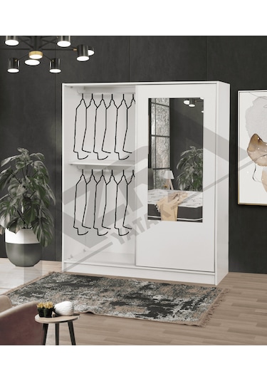 Azra Yatak Yağmur Sürgülü Askılıklı Raflı Beyaz Gardırop - 140 Cm