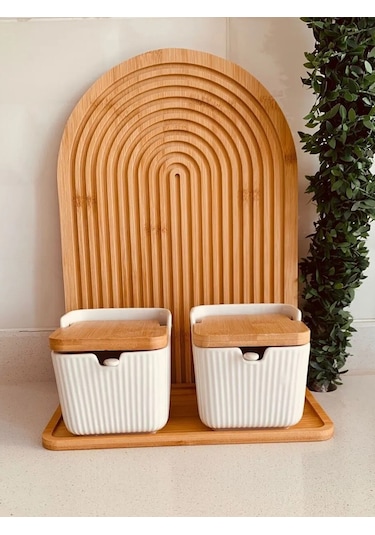 Bambu Kapaklı Porselen Kaşıklı 2'li Bambu Standlı Tuzluk Biberlik Ahşap - Beyaz