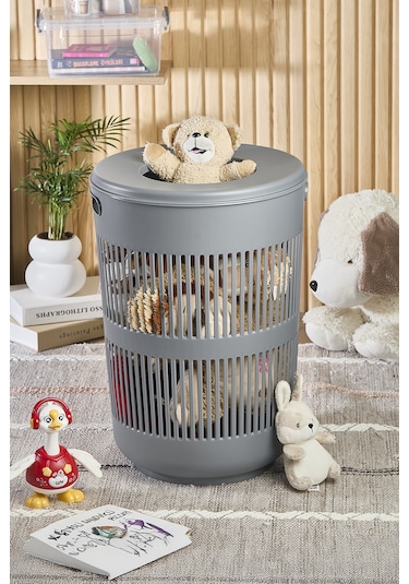 İronika Solara Dekoratif Kirli Çamaşır Sepeti Oyuncak Sepeti 60 Litre - Gri Gri