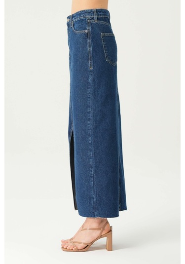 Koyu Mavi Yüksek Bel Patı Fermuarlı Yırtmaçlı Etek Ucu Kesik Maxi Jean Etek C 4532-051 Koyu Mavi