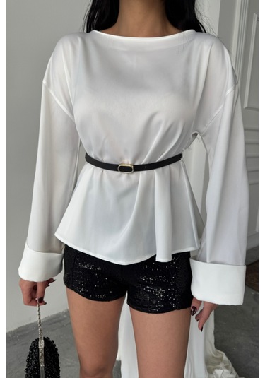 Soonaksesuar Kemer Detaylı Saten Bluz - Beyaz Beyaz
