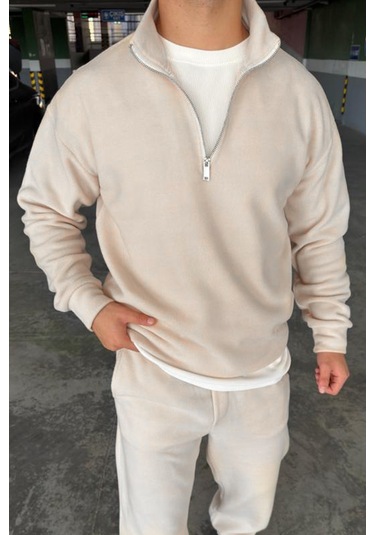 Mass Plus Unisex Slimfit Yarım Fermuarlı Dik Yaka Polar Sweatshirt beyaz