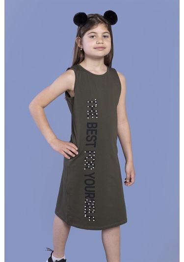 Toontoy Kız Çocuk İnci Detaylı Baskılı Elbise Haki