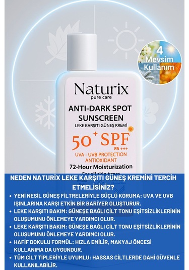 Leke Karşıtı Güneş Kremi Spf 50+ Pa+++ Uva-uvb Koruma 72 Saat Nemlendirme Water Resistant - 50ml