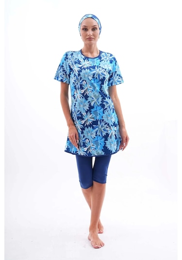 Aslınur Likralı Lacivert Desenli Yarı Kapalı Kadın Tesettür Mayo Lacivert - Mor