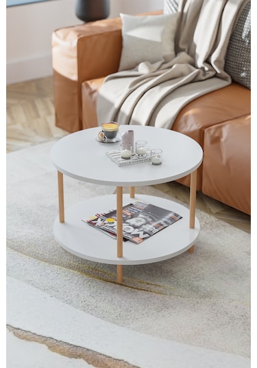 Yuvarlak Orta Sehpa Gazetelik Ahşap Ayaklı Sehpa -beyaz