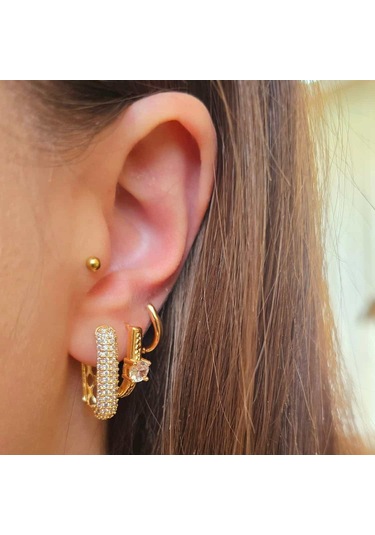 Tektaş Model Üçlü Çelik Küpe Altın