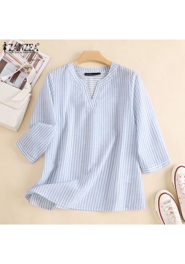 Zanzea Yaz Günlük V Yaka 3/4 Kollu Kadın Çizgili Bluz Siyah