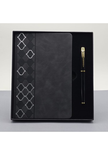 Mobgift Yan Tarafı Mozaik Desenli Deri Defter Kalem Tasarım Kutulu Hediye Seti Siyah